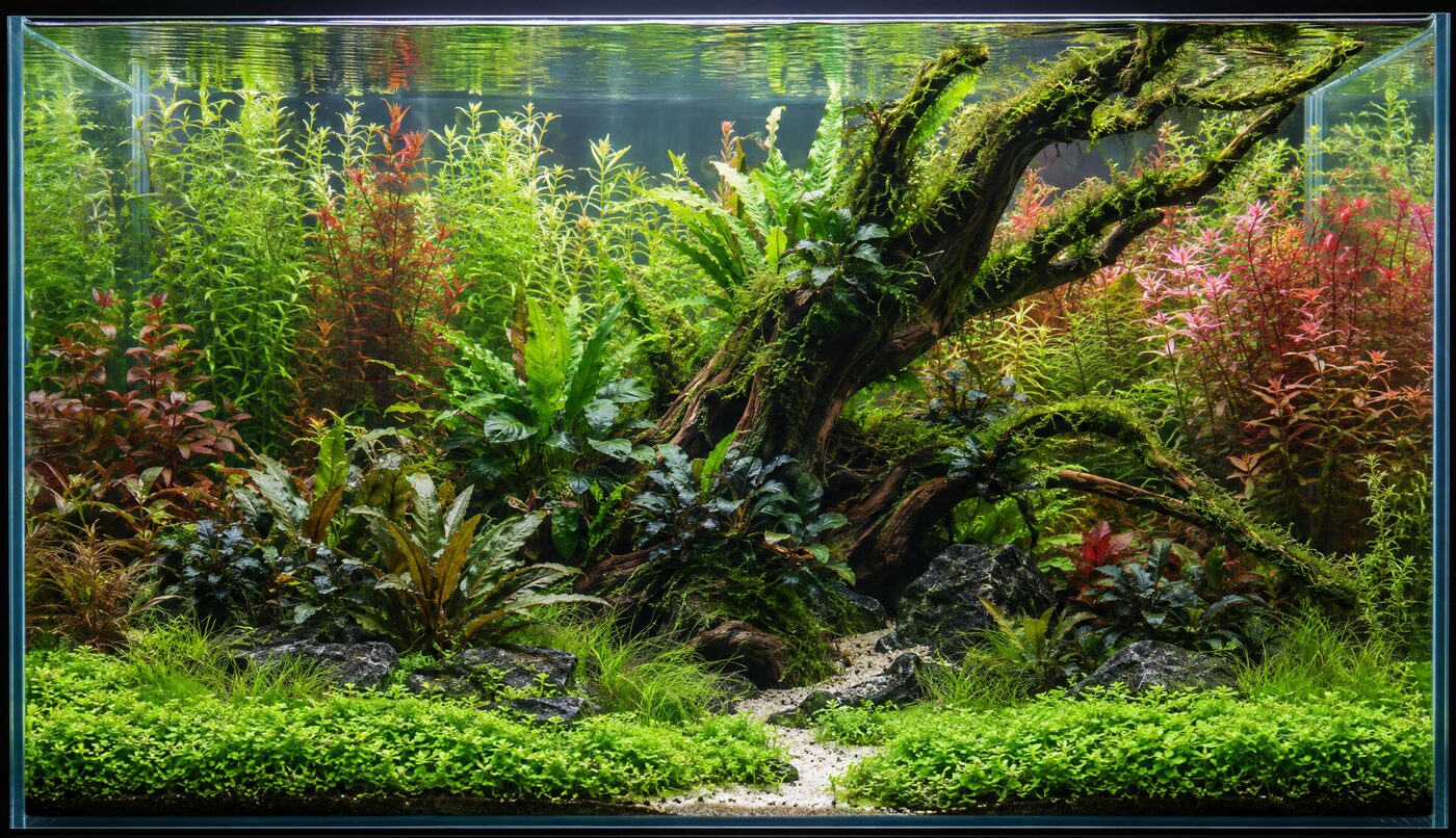 A planted aquarium: a moss-covered driftwood centrepiece, a green carpet at the front, Cryptocoryne and Anubias in the middle and tall green and red stem plants at the back